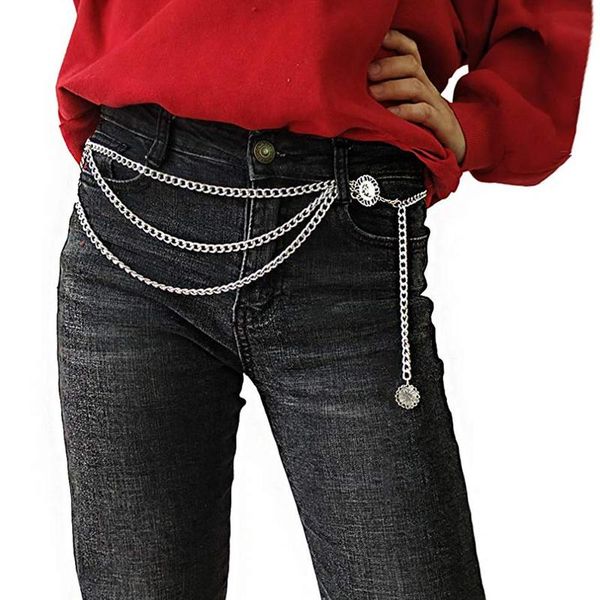 

women vintage waist chain girls ladies elegant gold silver color slim belt hip multi-layer metal punk body chains with tassels, Black;brown