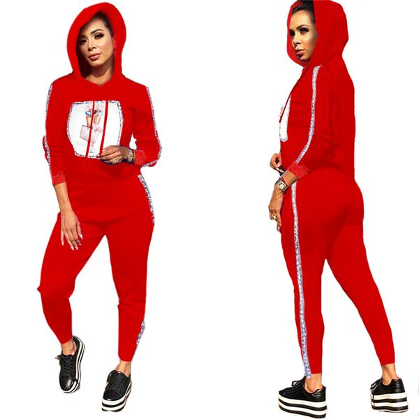 

women hooded sweat suit casual hoodies suit print two piece set long sleeve pullover leggings fall winter clothing slim jogger suit 2192, White