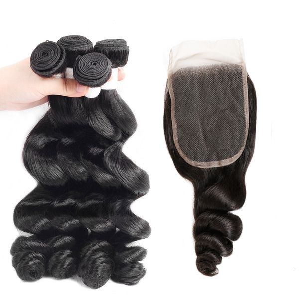 

ishow 10a peruvian weave human hair bundles with closure loose wave 4bundles extensions for women all ages natural color, Black