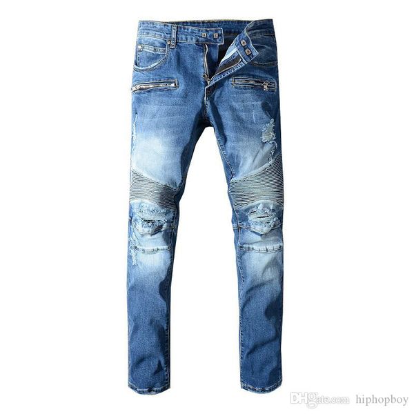 

luxury mens jeans luxury distressed ripped biker jeans slim fit motorcycle biker denim jean men hip hop designer pants, Blue