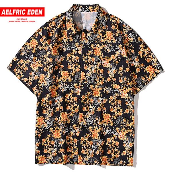 

aelfric eden 2020 летние рубашки мужчины негабаритных цветок печатных с коротким рукавом хип-хоп уличная гавайи пляжная рубашка свободные то, White;black