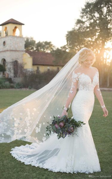 

2019 белая русалка винтаж готические свадебные платья дешевые кружева с длинным рукавом аппликация скромные свадебные платья свадебные плать, White