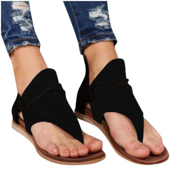 

38# summer roman retro women sandals plus size 35-43 solid clip-toe shoes zipper lady casual beach flats suede leather sandals, Black