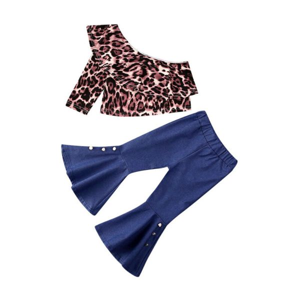 

2020 fashion kids baby girls clothes sets 2pcs leopard one shoulder +flared denim pants princess cotton outfits 1-5y, White