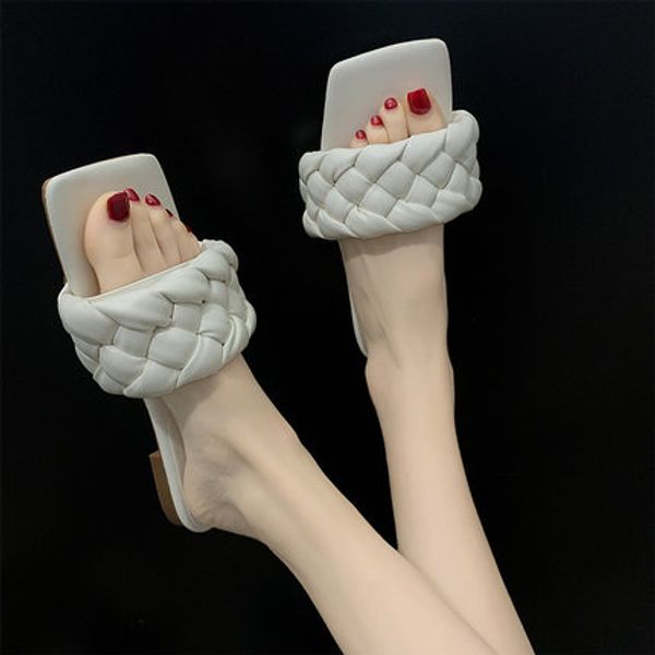 

women slippers flat heel leather braid sandals casual summer drags outside beach holiday shoes slides female flats, Black