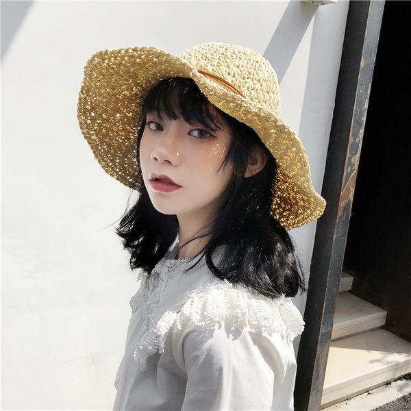 

hat woman summer hand woven straw hat retro personality big bow solid shade fashion fisherman's hat, Blue;gray