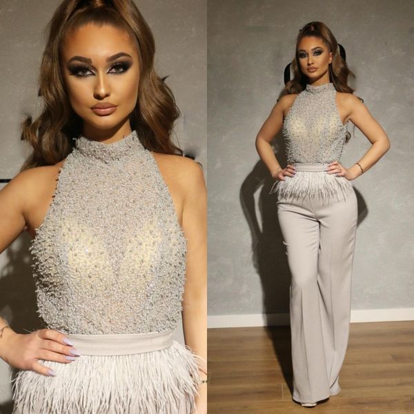 

2020 комбинезоны с высокой шеей выпускные платья длинные бисерные блестки перо дубай арабский атласные знаменитости вечерние платья брючные, Black