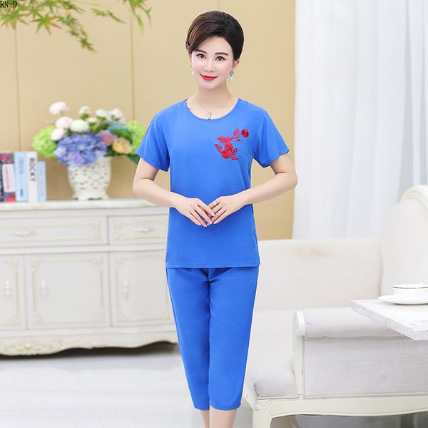 

summer women pajamas suit 2019 short sleeve pajamas set ankle-length pants mother clothing middle-aged plus size 3xl-4xl, Blue;gray