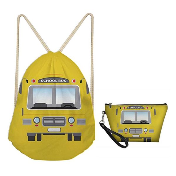 

mozoeyu yellow bus pattern drawstring bags with make up bags sets for kids girls boys school women travel light mochila