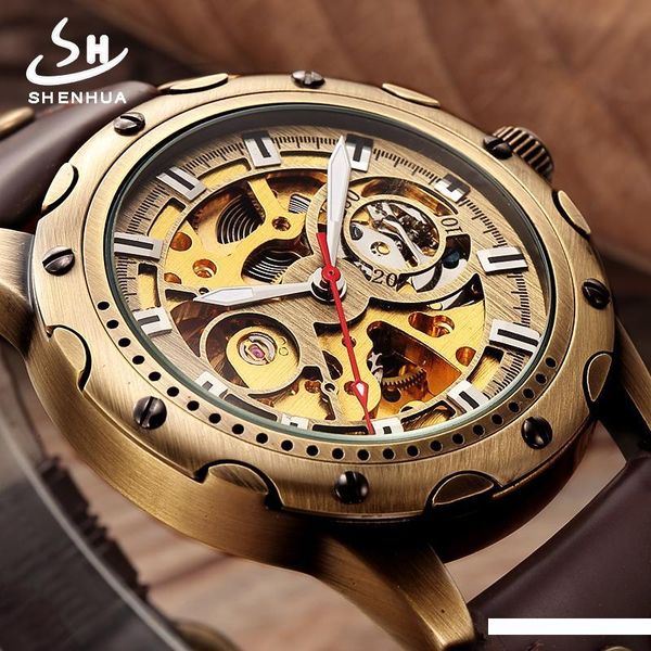

mens retro skeleton automatic mechanical watch steampunk men shenhua vintage bronze plating transparent wrist watches clock man d18100709, Slivery;brown