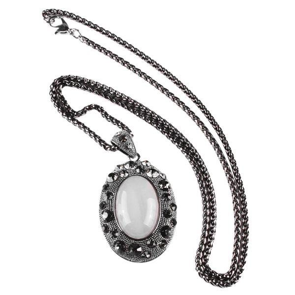 

vintage women black chain natural stone pendant long sweater chain necklace, Silver