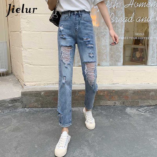 

blue women jeans hole jeans basic female slim denim trousers chic new spodnie damskie solid color jean femme