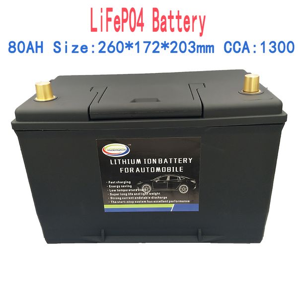 

80ah 80d26l/r lifepo4 battery automobile battery 12v lithium phosphate ion auto car 1300cca size-260*172*203mm lifepo4