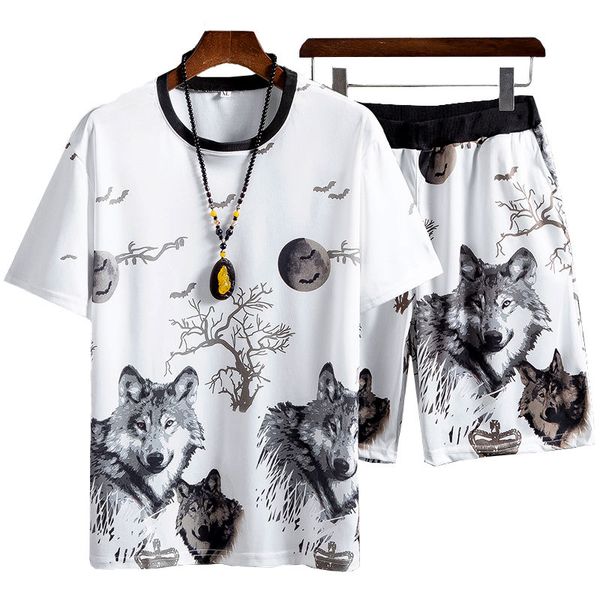 

men's casual sport suit summer short sleeve pants suit youth sports breathable training two-piece loose fitness suits, White;black