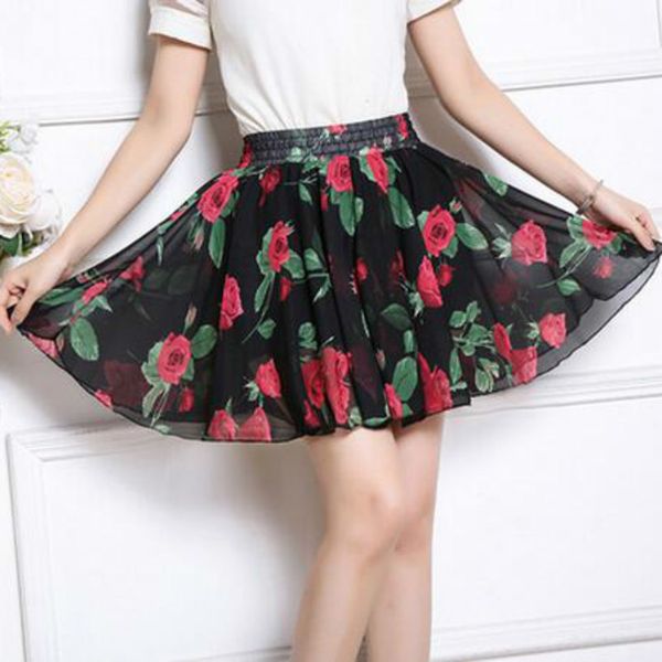 

women skirts chiffon summer women skirt flower printed korean style skirts a line women high waist beach short skirt plus size clothing, Black