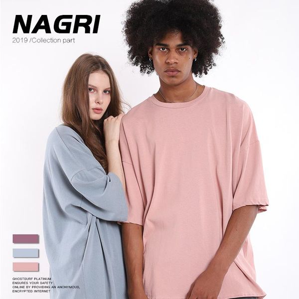 

nagri ins oversized europe and the united states casual sports loose 220g pure cotton short solid t shirt men couples, White;black