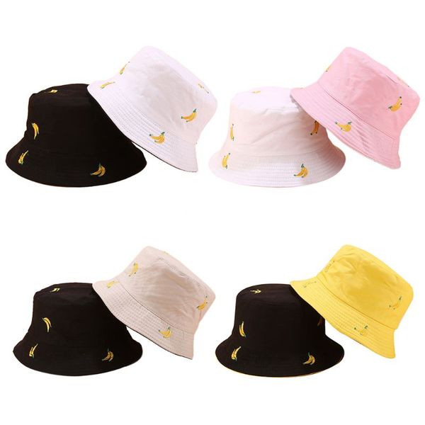 

contrast color women men summer bucket hat banana embroidery double sided wear hip hop harajuku wide brim foldable fisherman cap, Blue;gray