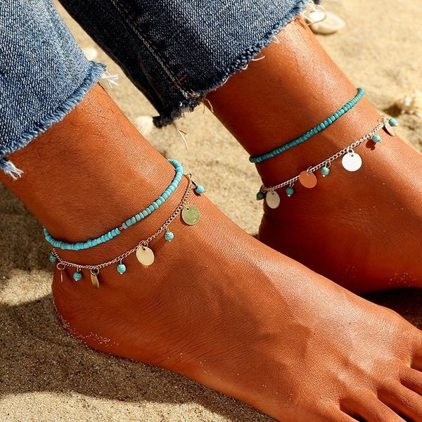 

new bohemia summer fashion popular gold simple round pendant beads anklet female beach feet anklet beach jewelry tassels anklets, Red;blue