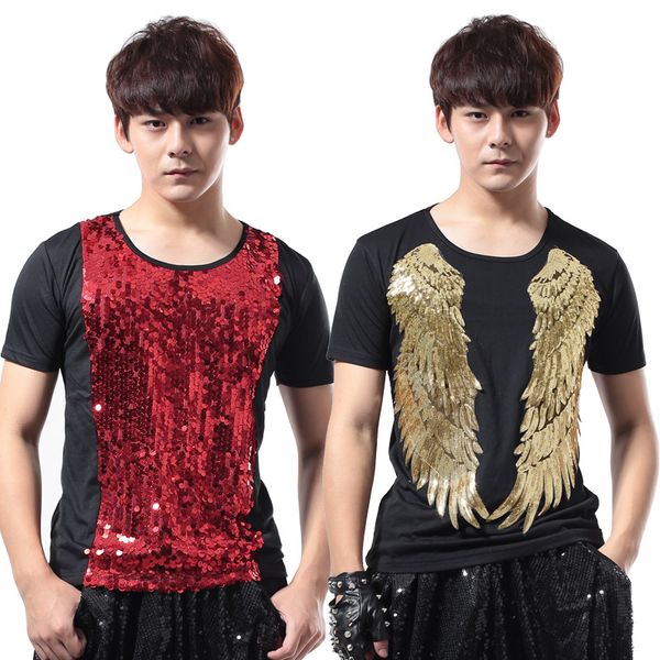 

host stage performance clothing slim-sequined short-sleeved t-shirt nightclub men's bar dj male singer performance costumes, Black;red