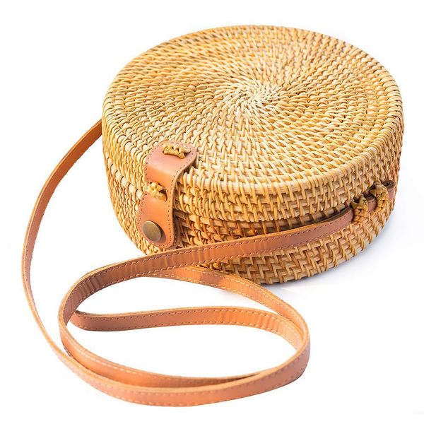 

женщины rattan плетение ручной работы круглый пресс пряжка crossbody сумки на ремне, модный пляж соломы плетеные сумки для женщин
