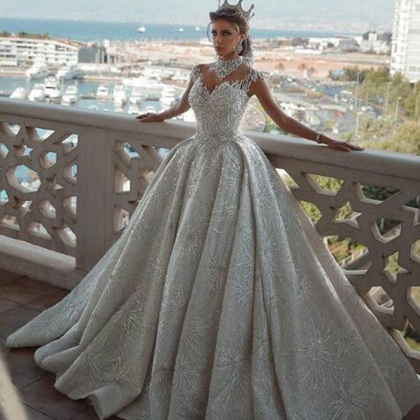 

2020 garden high neck arabic wedding dresses said mahamaid cap sleeves open back sequins floral cathedral bridal gowns vestidos de noiva