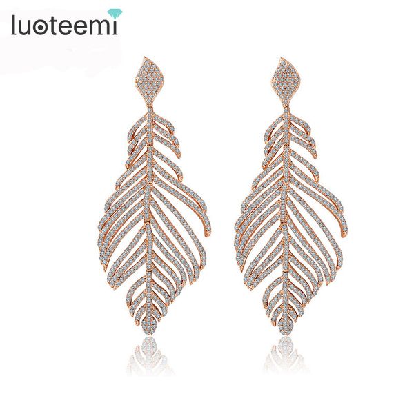 

luoteemi new arrival statement luxurious big long micro paved cz crystal feather drop earrings for women bridal wedding brincos, Silver