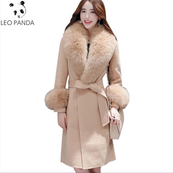 

high-quality winter woolen jacket new women slim belt long warm coat fashion ladies parka female fur collar plus size outerwear, Black