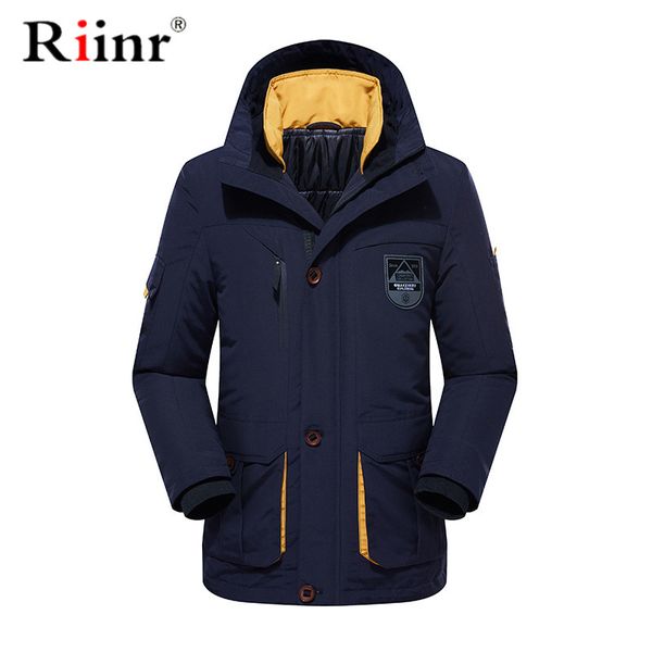

riinr men thick parka coat men's winter warm hooded fur collar parkas male multi pocket parkas coat jaqueta masculina bomber, Black
