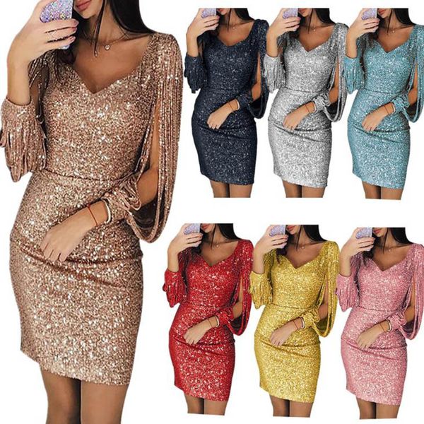 

женщины кисточкой блестки бандаж с длинным рукавом slim fit хип dress sexy v образным вырезом сплит макси платье партии элегантные повседнев, Black;gray