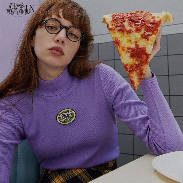 

ins harajuku t shirt women viantge purple turtleneck long sleeve letters embroidery crop 90s goth tee street new, White
