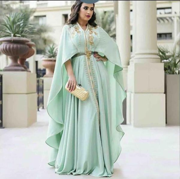 Menta verde formal vestidos de noite com mangas compridas luxo ouro bordado detalhe kaftan craftan árabe abaya ocasião vestido de baile
