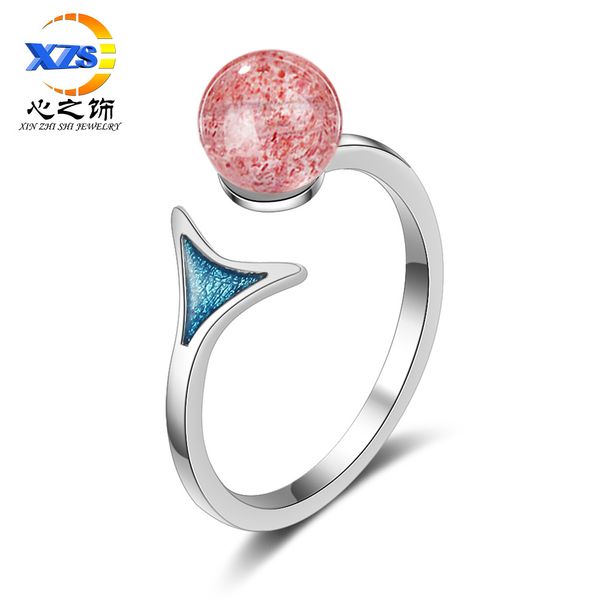 

cold-style fish-tail ring womens personality fresh natural pink strawberry crystal niche design network red opening index finger, Silver