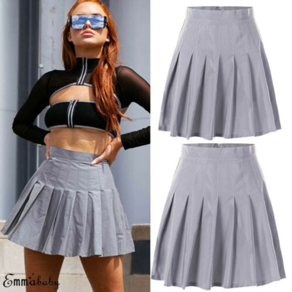 

women girls high waist pleated reflective skirt night club party flared pleated a-line short mini skirts, Black