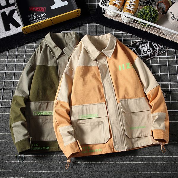

2019 autumn new printing jacket male loose trend retro pocket stitching casual lapel streetwear chaqueta chinese style green, Black;brown