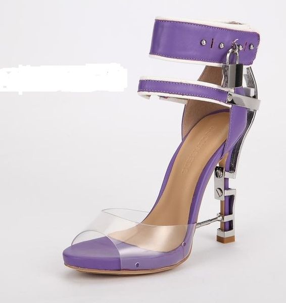 

2019 fish mouth transparencies with metal lock decoration ankle strap female sandals thick bottom stiletto-heels purple color, Black