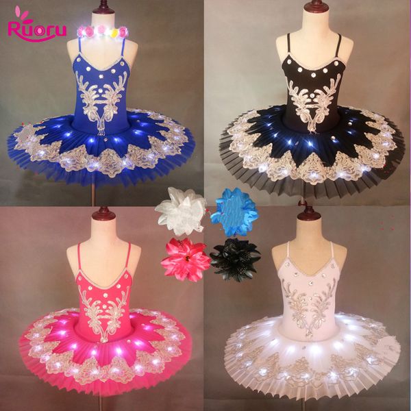 

ruoru professional led light swan lake ballet led tutu girls ballerina dress kids ballet dress dancewear stage party costumes, Black;red