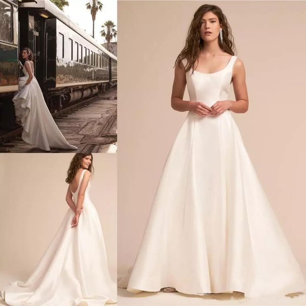 

2019 bhldn пляж атласные свадебные платья совок шеи сексуальная спинки boho линия свадебное платье свадебные платья халат де марие, White