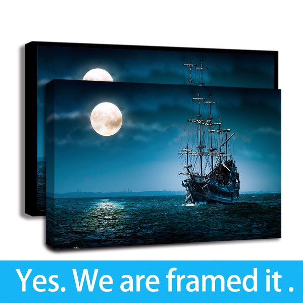 

moonlight ocean ship wall art picture home decor framed canvas art print painting for men boys girls - ready to hang - frame