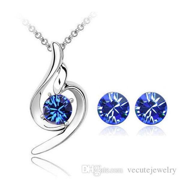 

18k white gold plated price crystal necklace earrings for women made with swarovski elements wedding jewelry nice gift, Silver