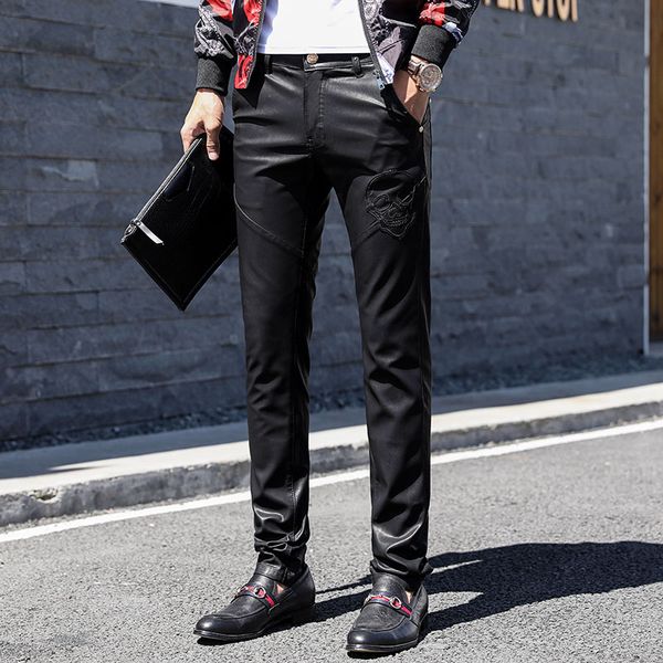 

зима теплая череп pu поддельный кожаные штаны меха для мужчин большой размер 32 33 34 36 тощий тонкий, Black