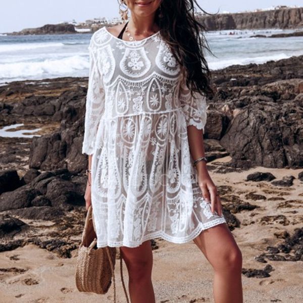 

2020 crochet beach dress transparent mesh women white lace swimsuit cover ups hollow out bathing suit cover beachwear, White;black