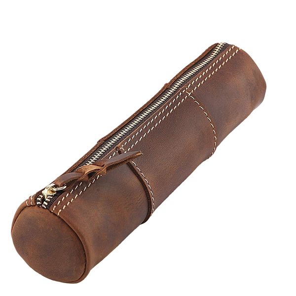 

genuine leather zipper pen pencil bag handmade vintage retro style creative trimodal model school stationery product(brown