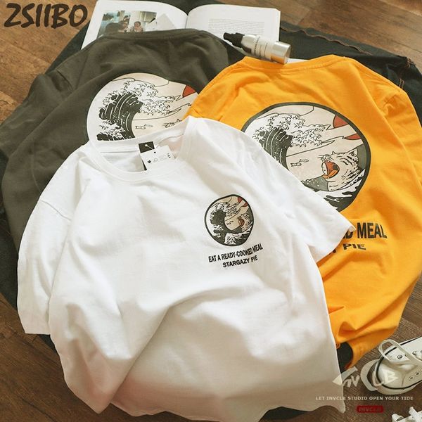 

men's tshirt casual oversize wave japanese funny print short-sleeve t-shirt male anime harajuku t shirt streetwear tees, White;black