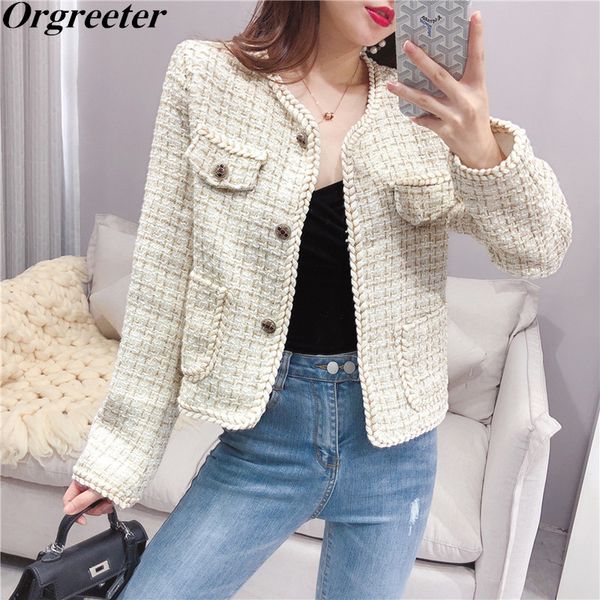 

women's black tweed jackets plaid coats spring autumn apricot long sleeve single-breasted retro woven trim elegant coats outwear