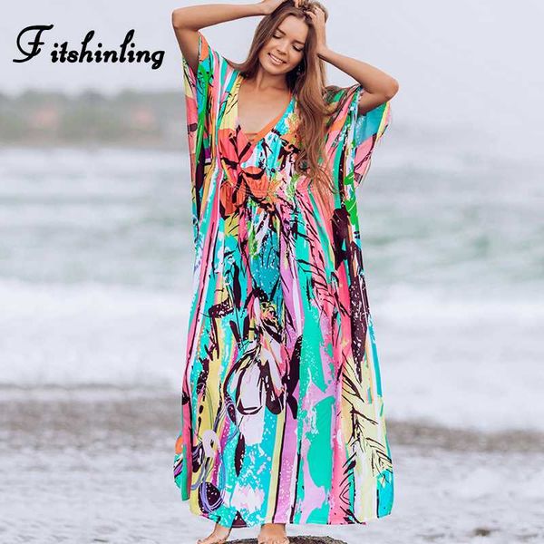 

fitshinling tie dye big size beach long dress women batwing sleeve holiday cover-up multicolor robe 2020 summer kaftan outing