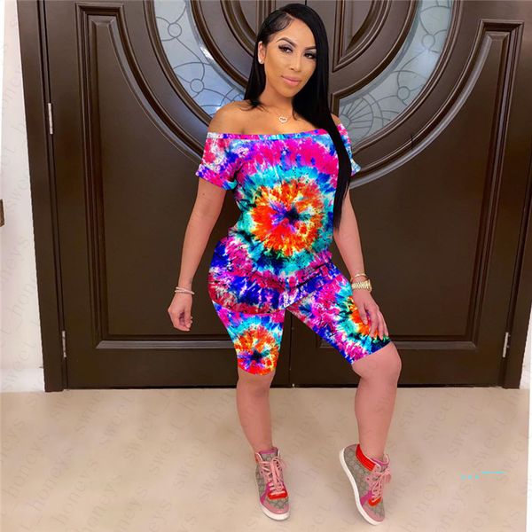 

summer women 2 piece clothing set fashion tie-dyed off-shoulder short sleeve t-shirt +shorts outfits ladies casual tracksuit suit d5509, White