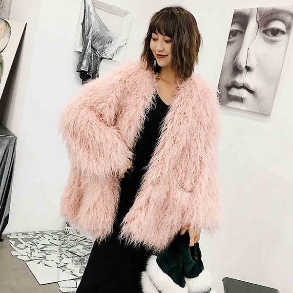 

ansfx stylish long hairy shaggy faux mongolia sheep fur outwear jacket coat winter women keep warm long sleeve 3 colors, Black