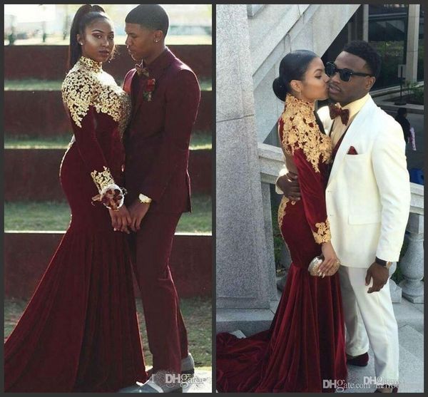 

2019 burgundy velvet mermaid prom dresses gold lace appliques long sleeve african high collar evening dress plus size robes de soirÃ©e, Black