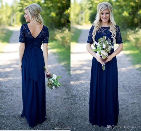 

elegant country bridesmaid dresses a line long for weddings navy blue chiffon short sleeves illusion lace beads floor length maid, White;pink