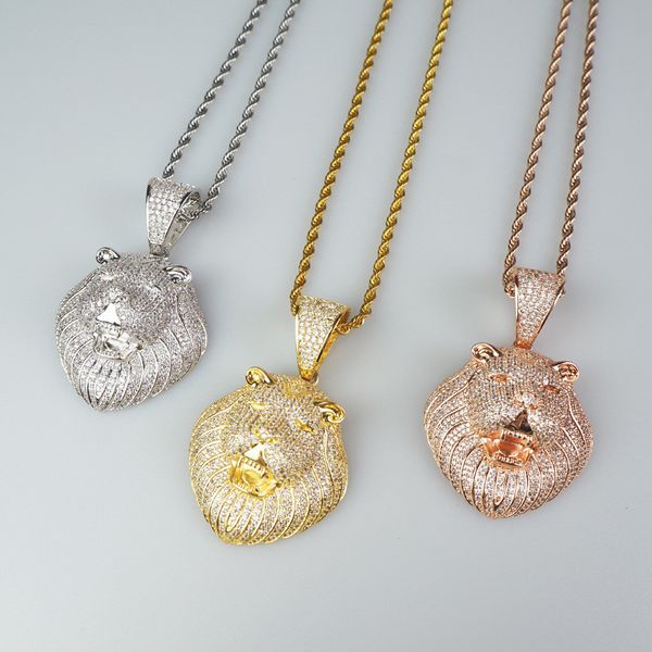 

trendy mens jewelry hip hop bling cz iced out lion pendant necklace with rope chain necklace rapper accessorie, Silver